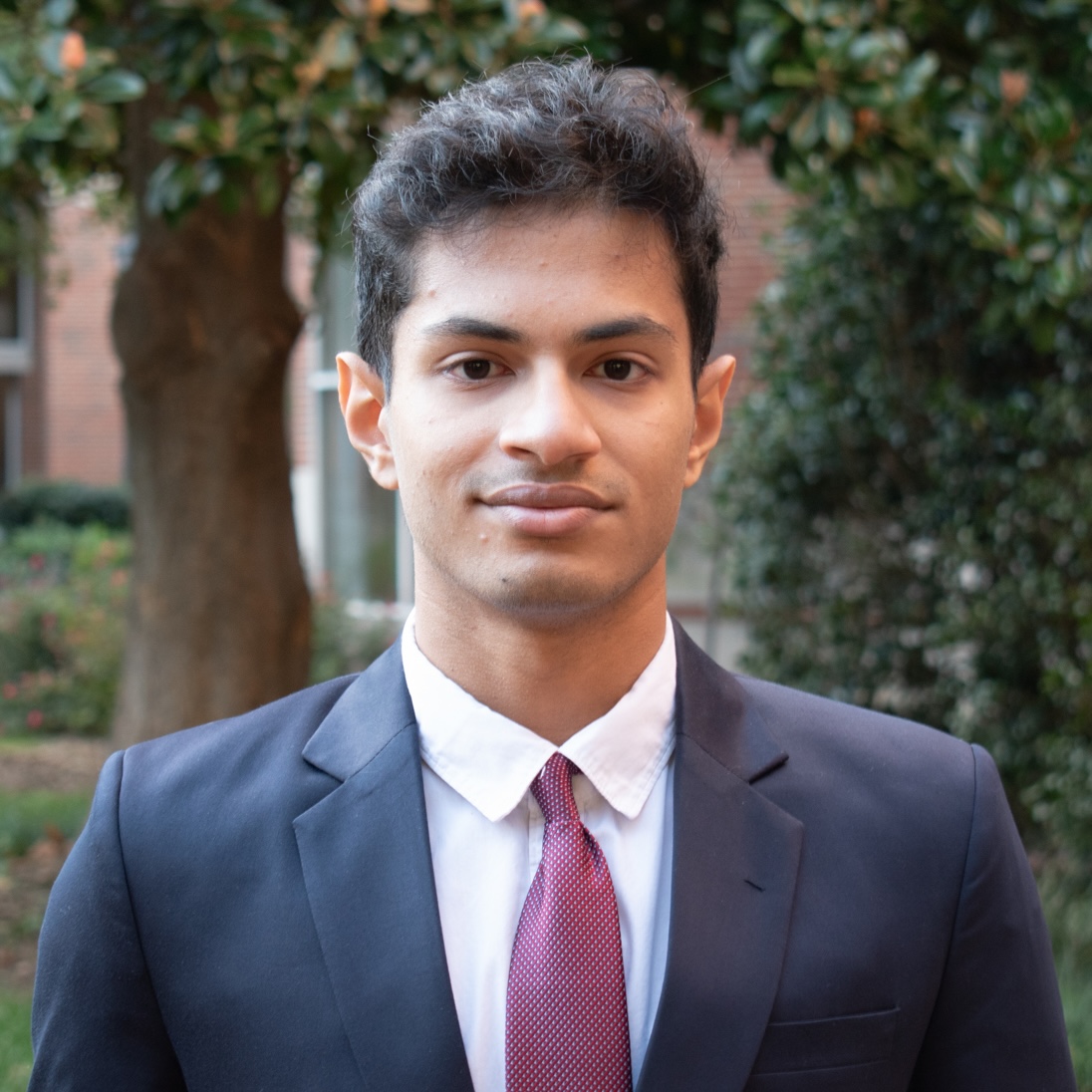 Portrait of Head shot of a young man in a suit with foliage in the background