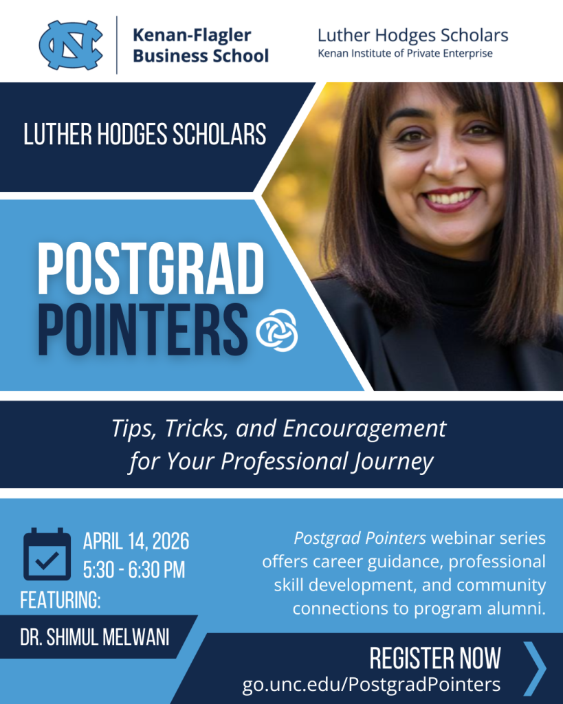 Flier - LHS Postgrad Pointers webinar series offers career guidance, professional skill development, and community connections to program alumni. Session featuring Dr. Shimul Melwani will take place virtually on April 14, 2026 from 5:30pm-6:30pm. Contact Phil Hardy to register.
